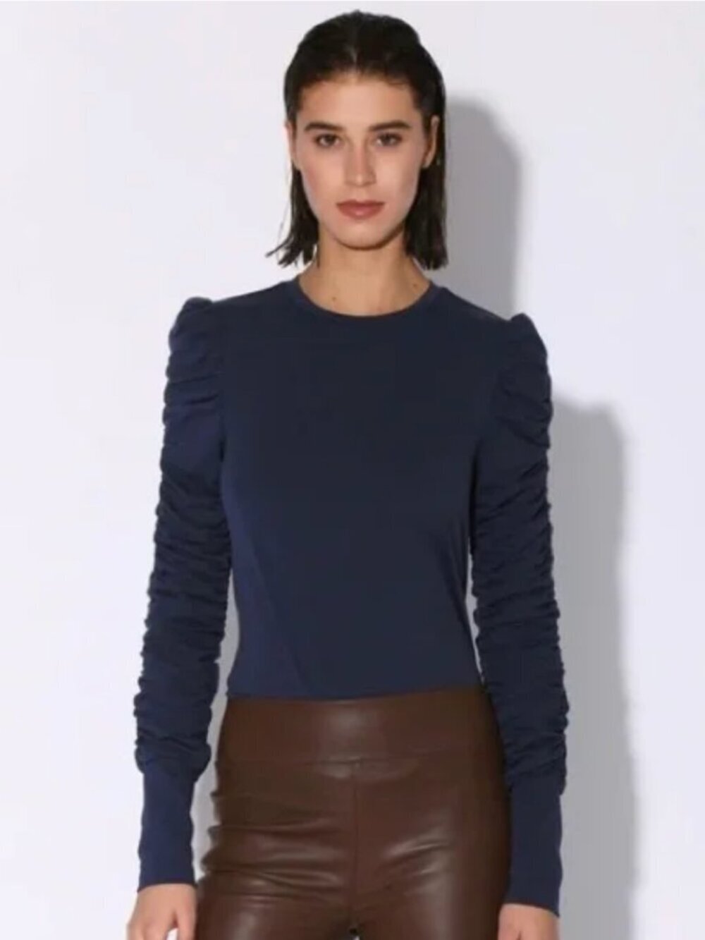 Walter Baker Navy Ruched Long Sleeve Top Stretch Knit Fits Large